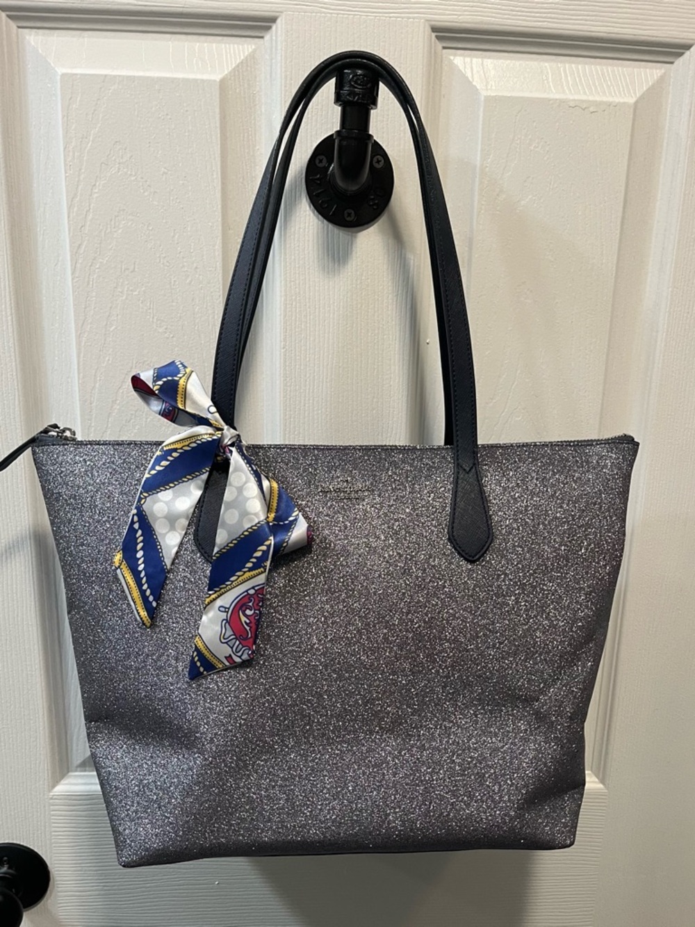Kate Spade Joeley Sparkle Glitter Large Tote Bag with Navy Handles. NWOT